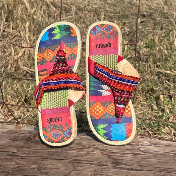Chico's Shoes - Chicos Beaded Espadrille Colorful Flip Flop Sandals leather BOho Beach Size 6